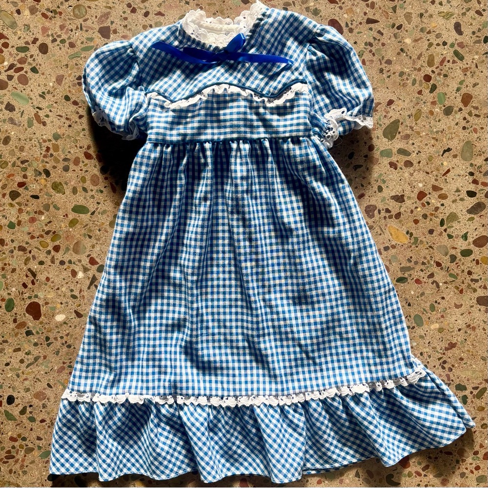 Vintage Blue Gingham Dress with Lace Trim